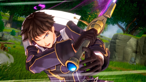 Screenshot of Trails in the Sky 2nd Chapter showing a character wielding a glowing sword in a vibrant green forest setting.
