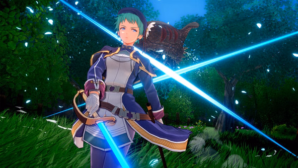 Screenshot from Trails in the Sky 2nd Chapter showing a character wielding a glowing sword in a lush forest with a creature nearby.