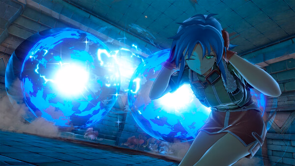 Screenshot from Trails in the Sky 2nd Chapter showing a character dodging two glowing blue orbs in a dimly lit dungeon.