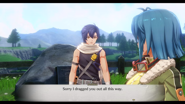 Screenshot of Trails in the Sky 2nd Chapter showing Joshua and Estelle talking outdoors near a scenic mountain view.