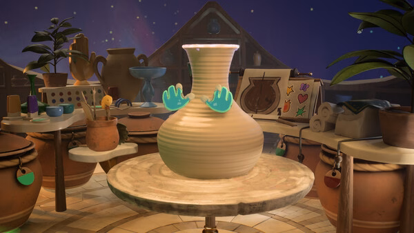 Screenshot from Kiln showing a pottery studio with a spinning vase on a wheel, surrounded by tools and decorations.