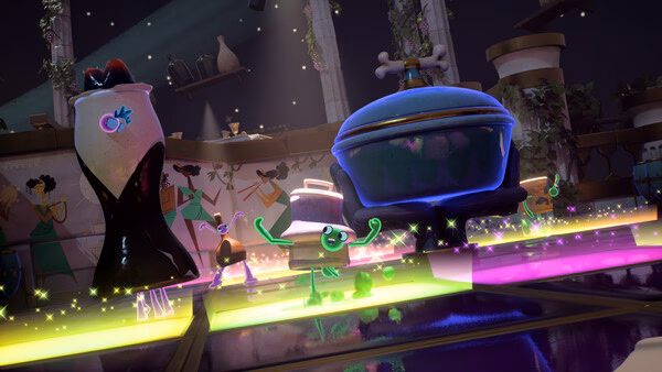 A screenshot from Kiln showing a lively pottery duel with glowing ceramics and vibrant, colorful lights in a festive arena.
