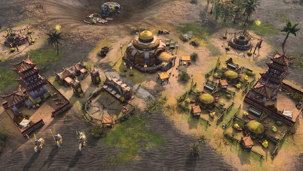 A screenshot from Age of Empires IV: Dynasties of the East showing a vibrant village with buildings, tents, and soldiers.