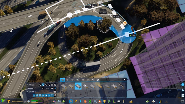 Cities: Skylines II screenshot showing a roundabout under construction with road tools and elevation options visible on the interface.