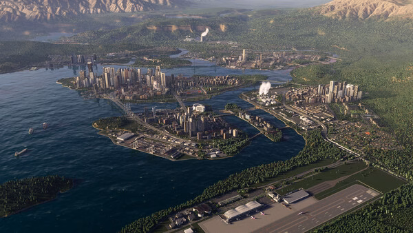 Screenshot from Cities: Skylines II showing a sprawling cityscape with skyscrapers, waterways, forests, and an airport.