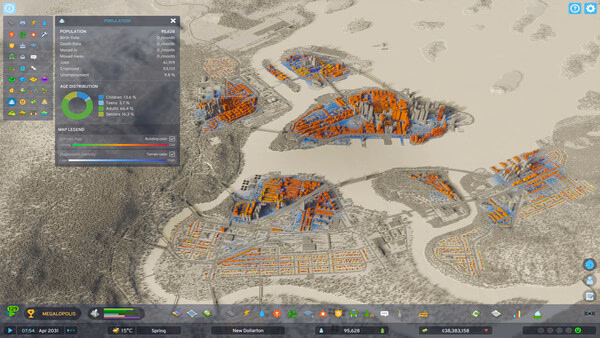 A Cities: Skylines II screenshot showing a detailed cityscape with population data overlay and various colorful zones.