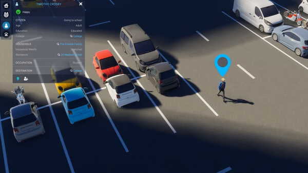 A Cities: Skylines II screenshot showing a parking lot with cars and a citizen walking, highlighted by a blue location marker.