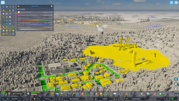 Screenshot from Cities: Skylines II showing an industrial area with yellow pollution zones, factories, and a city skyline in the distance.
