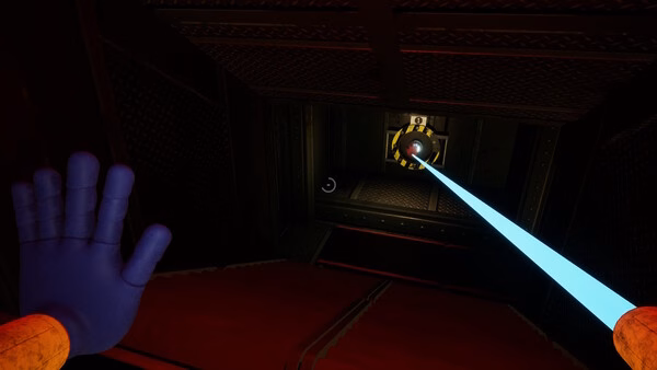 A screenshot from Poppy Playtime showing a blue gloved hand reaching toward a glowing button with a blue energy beam.