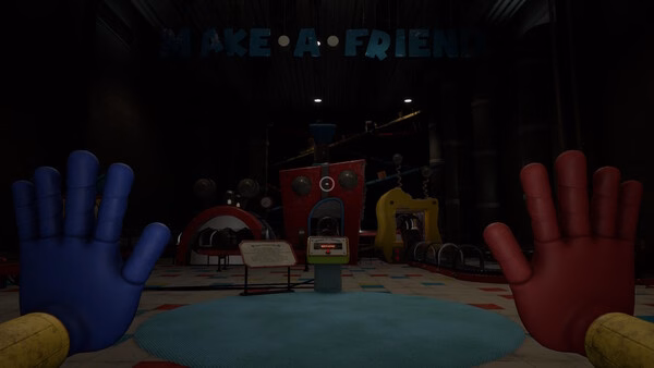 Screenshot from Poppy Playtime showing the "Make-A-Friend" factory room, with red and blue GrabPack hands in view.