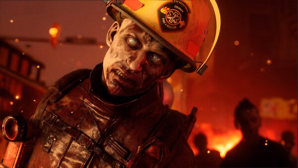 A screenshot from No More Room in Hell 2 showing a firefighter zombie with a helmet, surrounded by fiery chaos at night.
