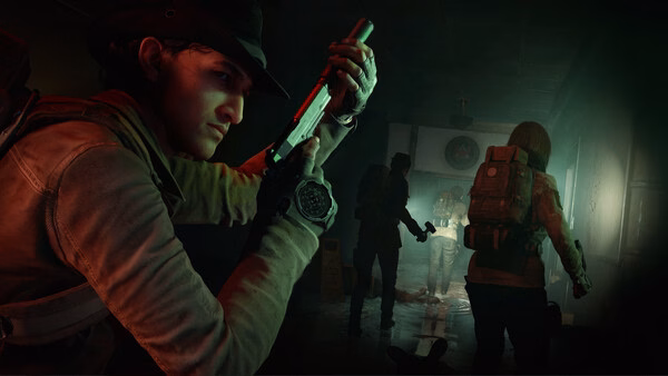 A 'No More Room in Hell 2' screenshot showing survivors in a dimly lit hallway, armed and facing approaching zombies.