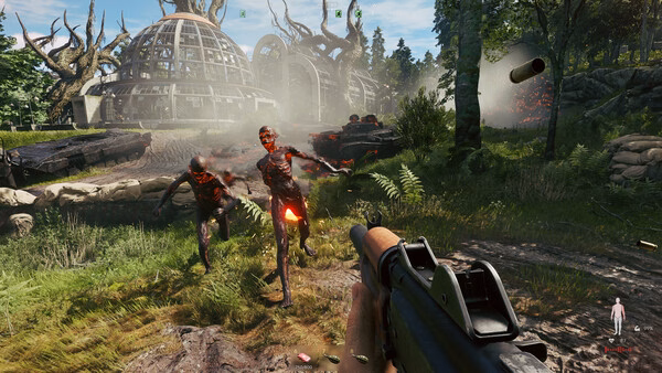 Screenshot from the game Active Matter showing a player aiming at glowing zombie-like creatures in a lush forest near domed buildings.