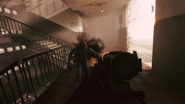 A screenshot from Active Matter showing a dark, shadowy figure approaching a player holding a scoped weapon in a dimly lit stairwell.