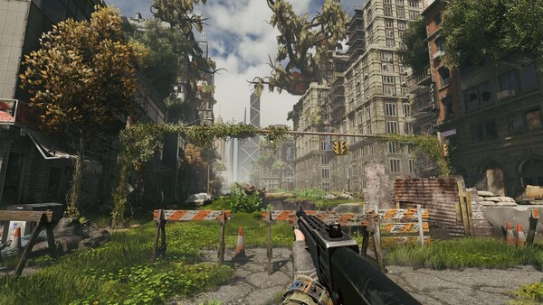 Screenshot from the game Active Matter showing a post-apocalyptic cityscape with overgrown plants and a shotgun in view.