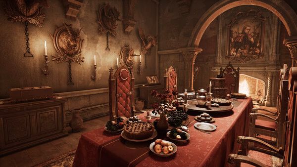 Screenshot from Escape Simulator 2 showing a lavish medieval dining room with ornate chairs, a long table, and a variety of food.