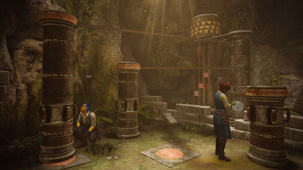 Screenshot from Escape Simulator 2 showing two characters solving puzzles in a lush, ancient jungle-themed room.