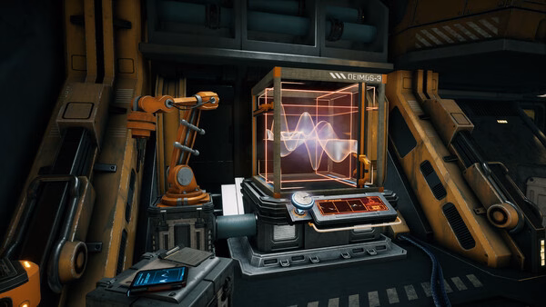 Escape Simulator 2 screenshot: A futuristic lab features a glowing hologram cube, robotic arm, and control panel.