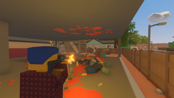A screenshot from Unturned shows a player firing a gun at zombies under a shelter, with blood splatters on the ceiling.