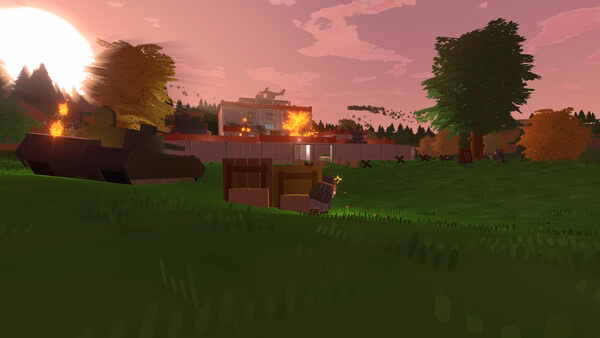 A screenshot from Unturned showing a tank, burning buildings, and a lush grassy field under a vibrant sunset sky.