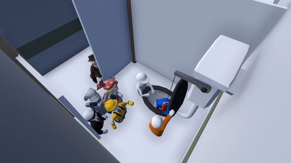 A screenshot from Human Fall Flat showing multiple characters gathered near a toilet in a comical, white-walled room.