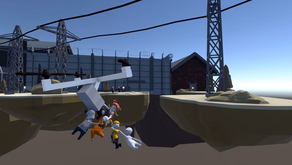 Screenshot from Human Fall Flat showing players dangling from a white propeller over a gap between floating platforms.
