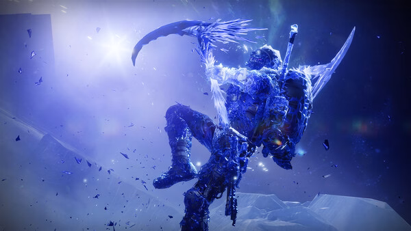 A Destiny 2 screenshot featuring a Guardian encased in ice, wielding a glowing scythe-like weapon in a frozen battlefield.