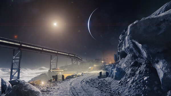 A Destiny 2 screenshot showing a moonlit lunar landscape with a long industrial bridge and a crescent Earth in the sky.