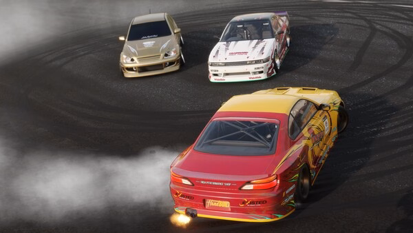 A screenshot from CarX Drift Racing Online showing three cars drifting on a track, leaving tire marks and smoke trails.