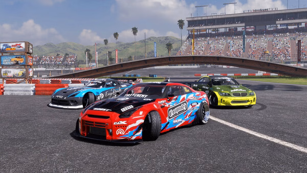 A CarX Drift Racing Online screenshot showcasing three custom drift cars on a racetrack with a stadium and hills in the background.