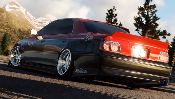 A screenshot from CarX Drift Racing Online showing a modified red and black car drifting on a mountain road with trees and mountains.