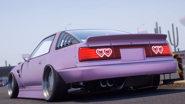 A screenshot from CarX Drift Racing Online showing a customized purple car with heart-shaped taillights in a desert setting.