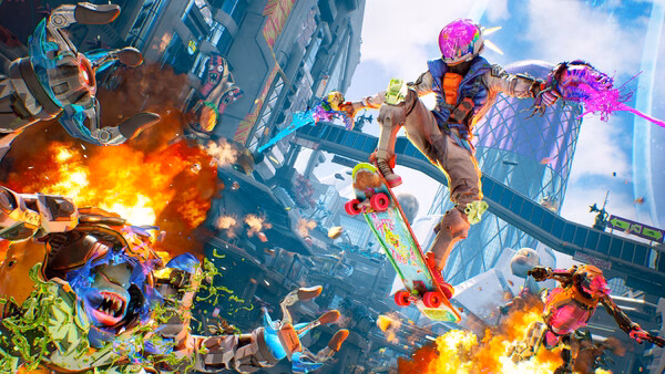 A vibrant screenshot from High On Life 2 shows a character skateboarding mid-air, firing weapons amidst explosions and alien chaos.