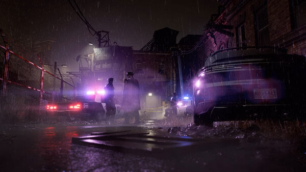 Resident Evil Requiem screenshot: Two police officers stand in the rain near parked squad cars, illuminated by red and blue lights.