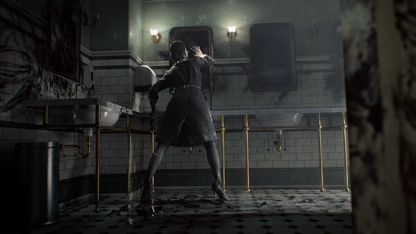 A screenshot from Resident Evil Requiem showing a figure in a dark coat bracing against a sink in a dimly lit, eerie bathroom.