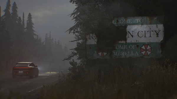A screenshot from Resident Evil Requiem shows a foggy road with a damaged Raccoon City sign and a car driving into the mist.