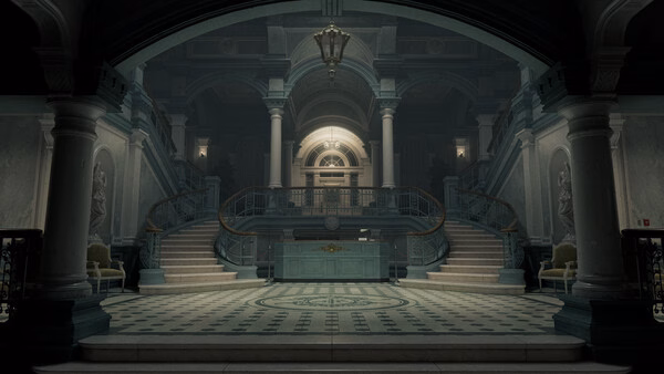 A screenshot from Resident Evil Requiem showing a grand, dimly lit hall with twin staircases, marble columns, and intricate floor patterns.