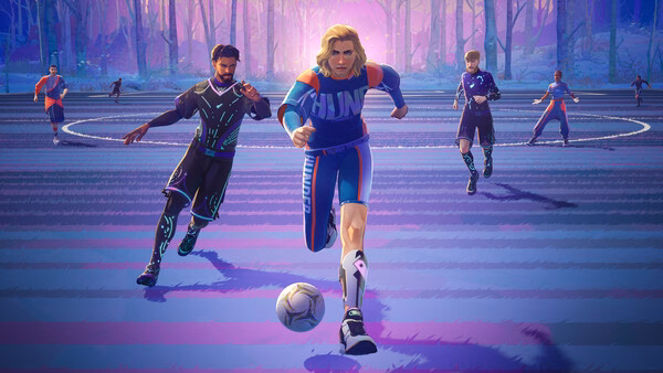 Screenshot from REMATCH showing players in dynamic action on a vibrant field, as one leads with the soccer ball.