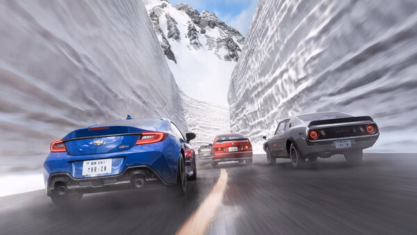 Screenshot from Forza Horizon 6 showing three cars racing through a narrow, snowy mountain pass under a clear blue sky.