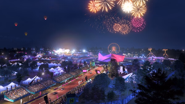 Forza Horizon 6 screenshot: A vibrant festival scene at night with fireworks, bright tents, a ferris wheel, and rows of cheering crowds.