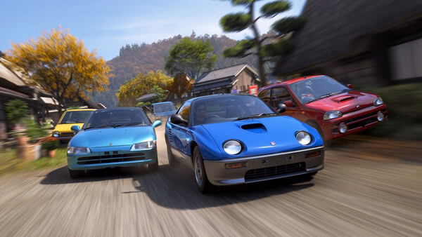 Screenshot from Forza Horizon 6 showing four cars racing through a scenic village road lined with trees and traditional houses.