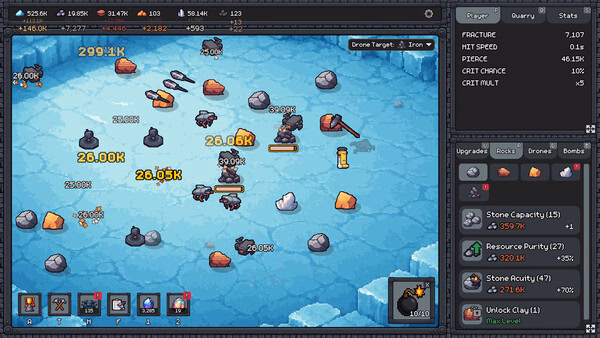 Screenshot from Fracture Field showing a player navigating a snowy area with resources, towers, and upgrade options visible.