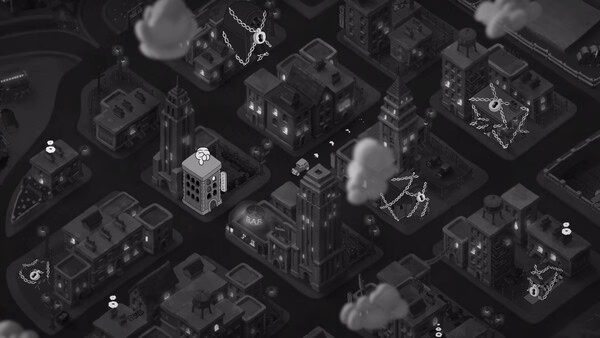 Screenshot from "MOUSE: P.I. For Hire" shows an overhead view of a noir city with buildings and clouds, highlighting detective icons.