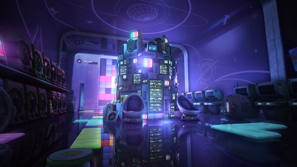 Screenshot from Wuthering Waves showing a futuristic, glowing purple control room with high-tech equipment and neon displays.