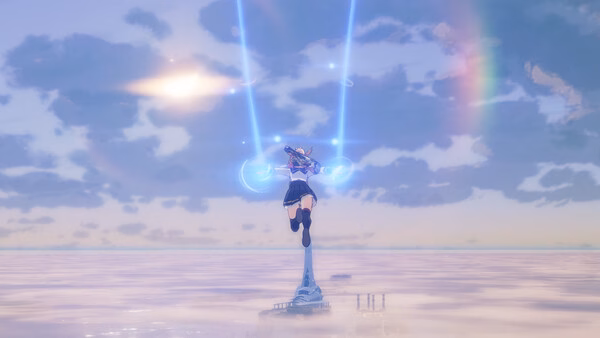 Screenshot from ブループロトコル：スターレゾナンス showing a character in mid-air with glowing blue trails under a vibrant sky.
