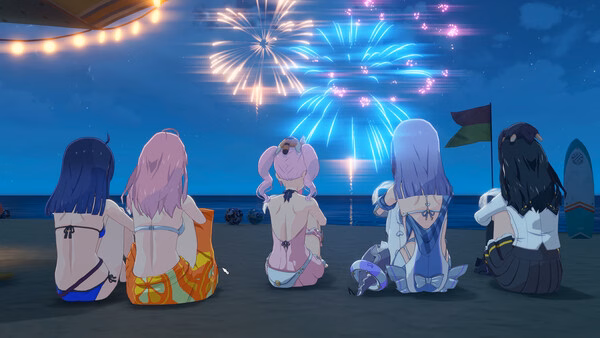 Screenshot from ブループロトコル：スターレゾナンス showing five characters in swimsuits watching colorful fireworks on a beach at night.