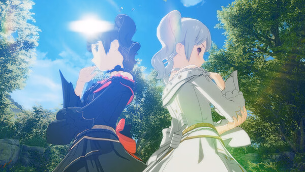 Screenshot from ブループロトコル：スターレゾナンス showing two characters standing back-to-back in a lush, sunlit forest.