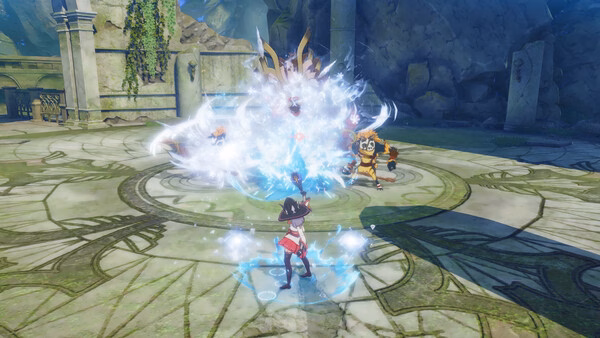 Screenshot from ブループロトコル：スターレゾナンス showing a character casting a spell in a stone arena, facing a creature.