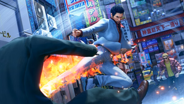 Screenshot from Yakuza Kiwami 3 & Dark Ties showing a dramatic fight scene with a character delivering a fiery kick in a bustling city.