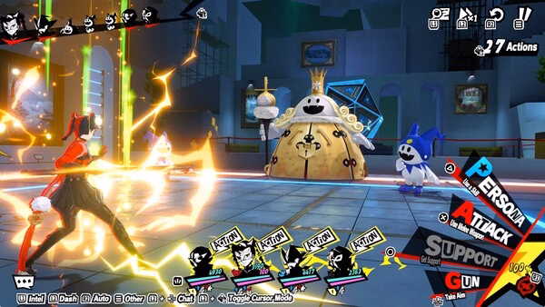 Screenshot from Persona5: The Phantom X shows a dynamic battle scene with a character attacking two whimsical enemies.